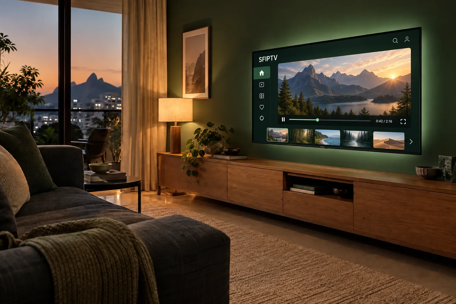 Sala de estar com uma TV exibindo uma prévia ilustrativa do player SFIPTV